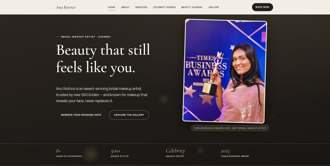 Anurotrico bridal makeup website, desktop view