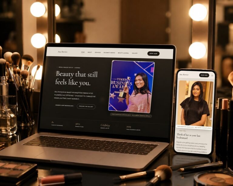 Anurotrico bridal makeup website shown on a laptop and mobile